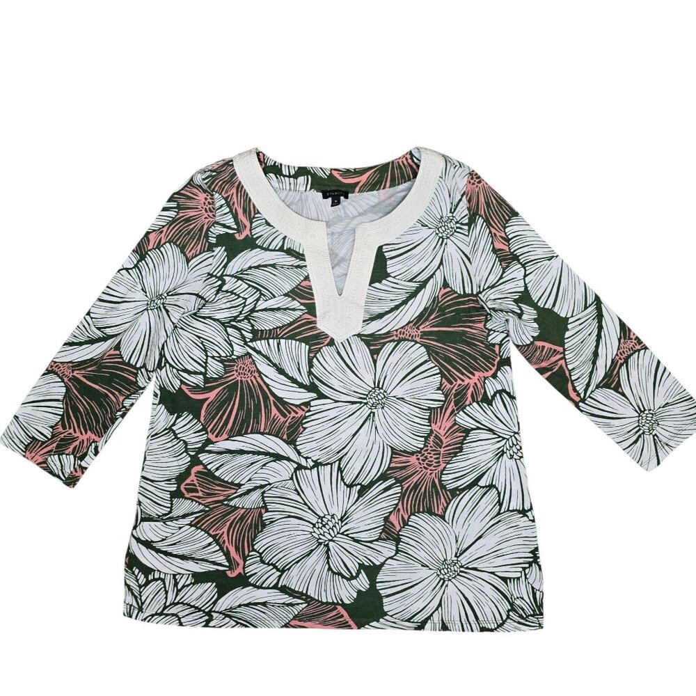 Talbots Womens Floral Print Green & Pink 3/4 Sleeve Top Size M Cotton/Modal